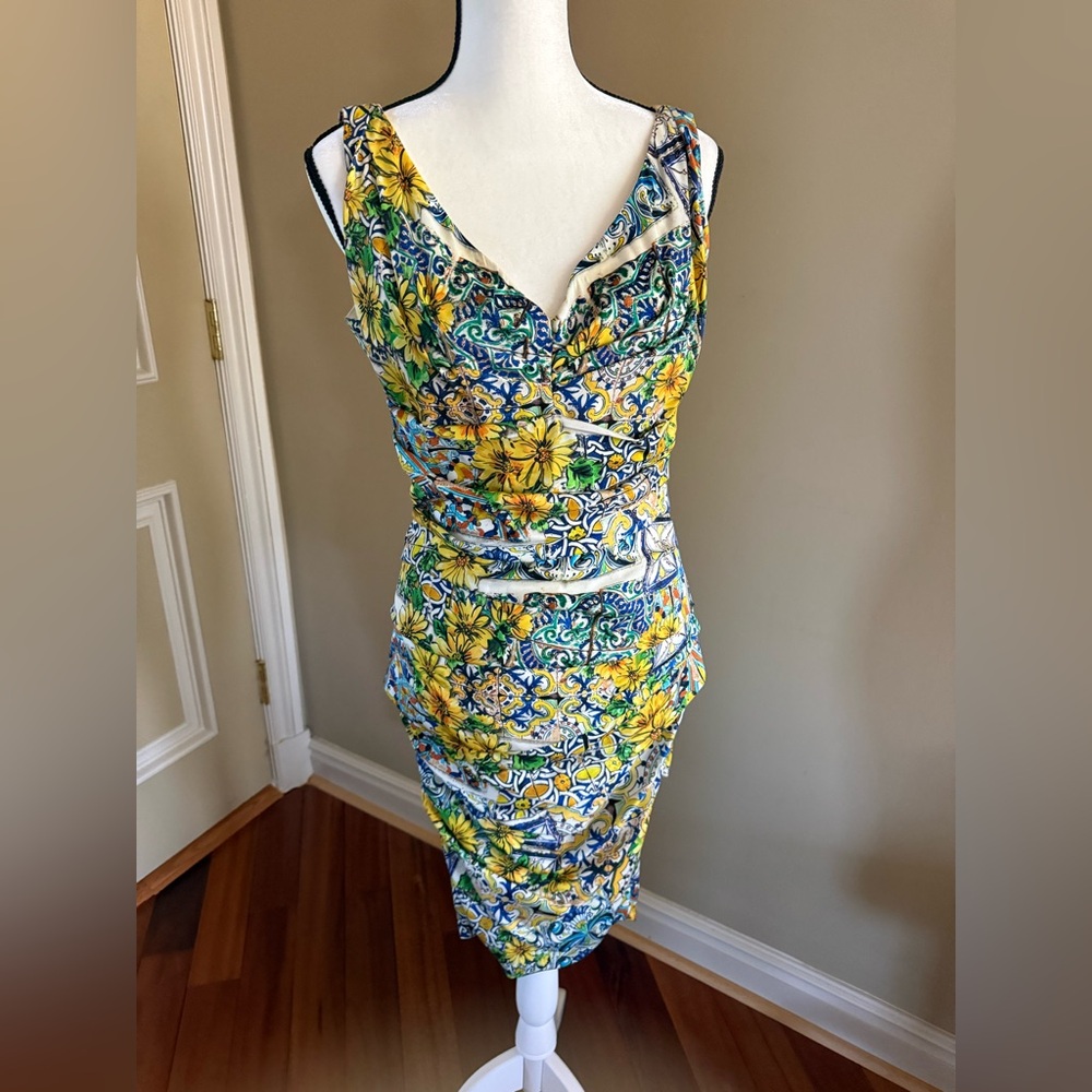 Dolce & Gabbana Yellow, Blue and Green Floral Tile-Print Pencil Skirt